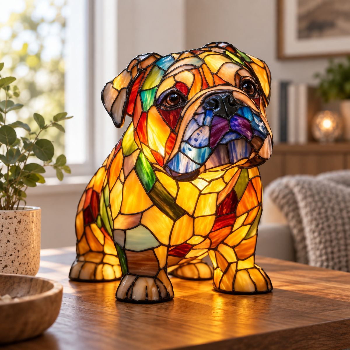 Glasleuchte Dackel Mosaik — Bulldoggen-Sitzposition
