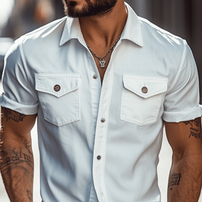 Herren Hemd Kurzarm Slim Fit | Freizeithemd mit Brusttaschen weiß [ Herrenkollektion - Frühling & Sommer '25 - Hemden ] 86 - Herren Hemd Kurzarm Slim Fit Gratti Paris 