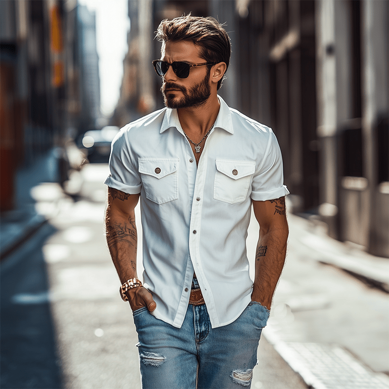 Herren Hemd Kurzarm Slim Fit | Freizeithemd mit Brusttaschen weiß [ Herrenkollektion - Frühling & Sommer '25 - Hemden ] 86 - Herren Hemd Kurzarm Slim Fit Gratti Paris 
