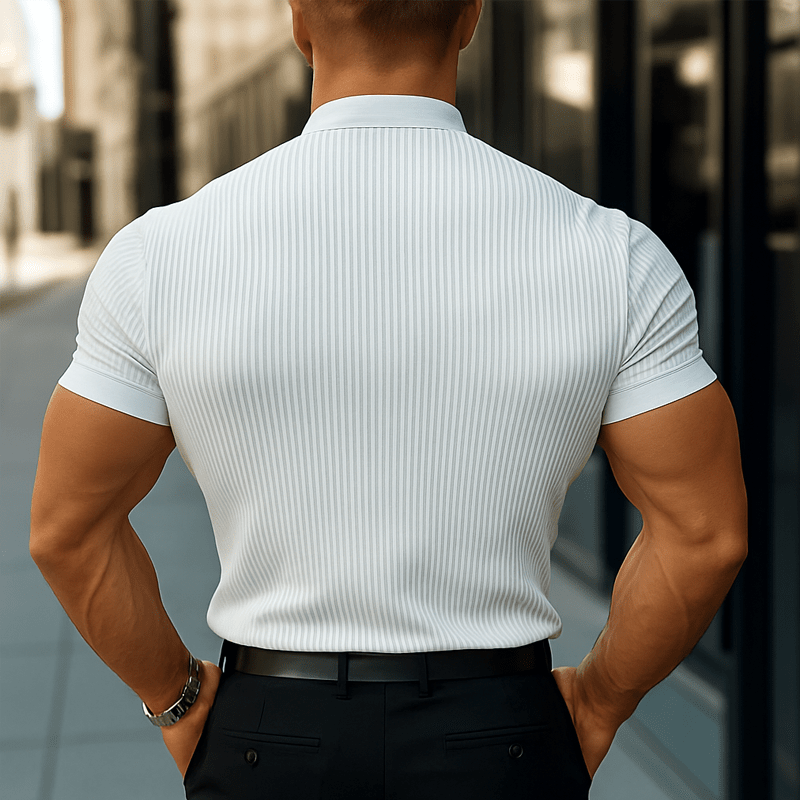 Herren Hemd Stehkragen Kurzarm Slim Fit | Geripptes Freizeithemd weiß [ Herrenkollektion - Frühling & Sommer '25 - Hemden ] 117 - Herren Hemd Stehkragen Kurzarm Slim Fit Gratti Paris 