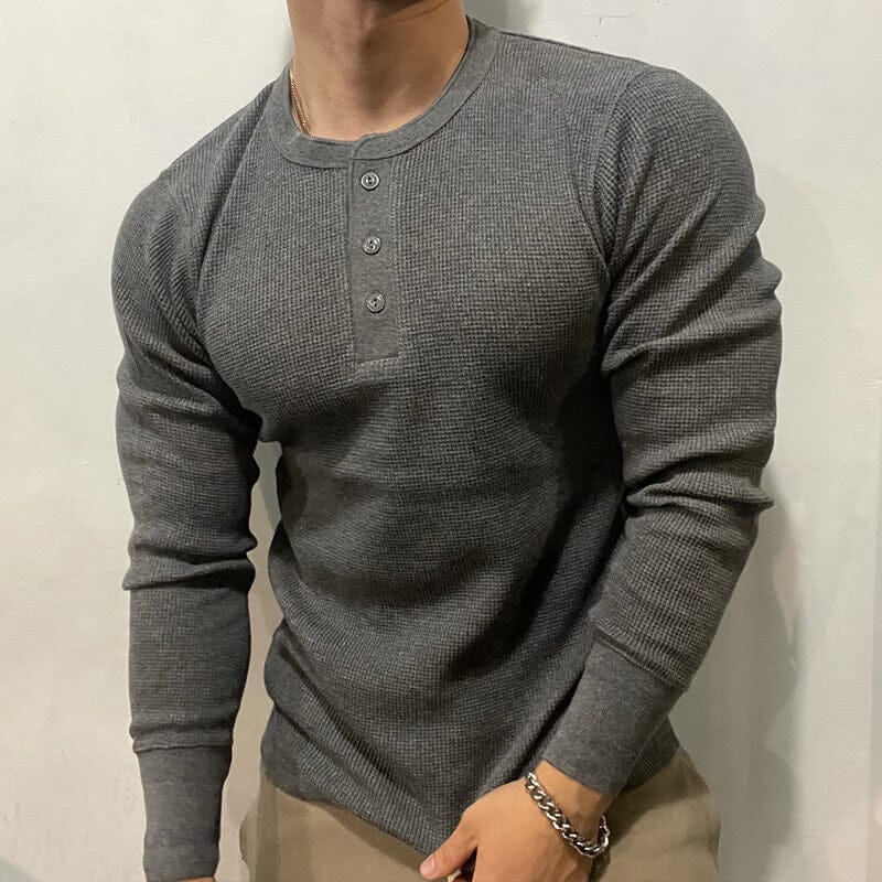 Herren Henley Shirt Langarm | Muskelshirt Slim Fit Waffelstruktur [ Herrenkollektion - Hemden - Langarmhemden ] 51 - Herren Henley Shirt Langarm Gratti Paris Grau XS 