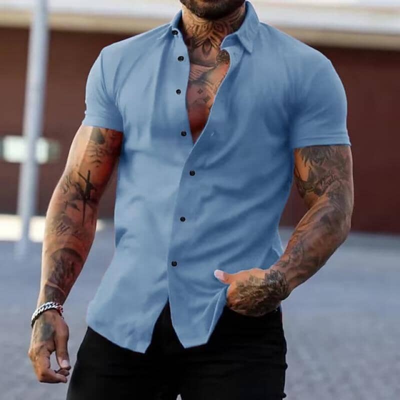 Herren Kurzarmhemd Slim Fit | Figurbetontes Freizeithemd weiß [ Herrenkollektion - Frühling & Sommer '25 - Hemden ] 116 - Herren Kurzarmhemd Slim Fit Gratti Paris Hellblau M 