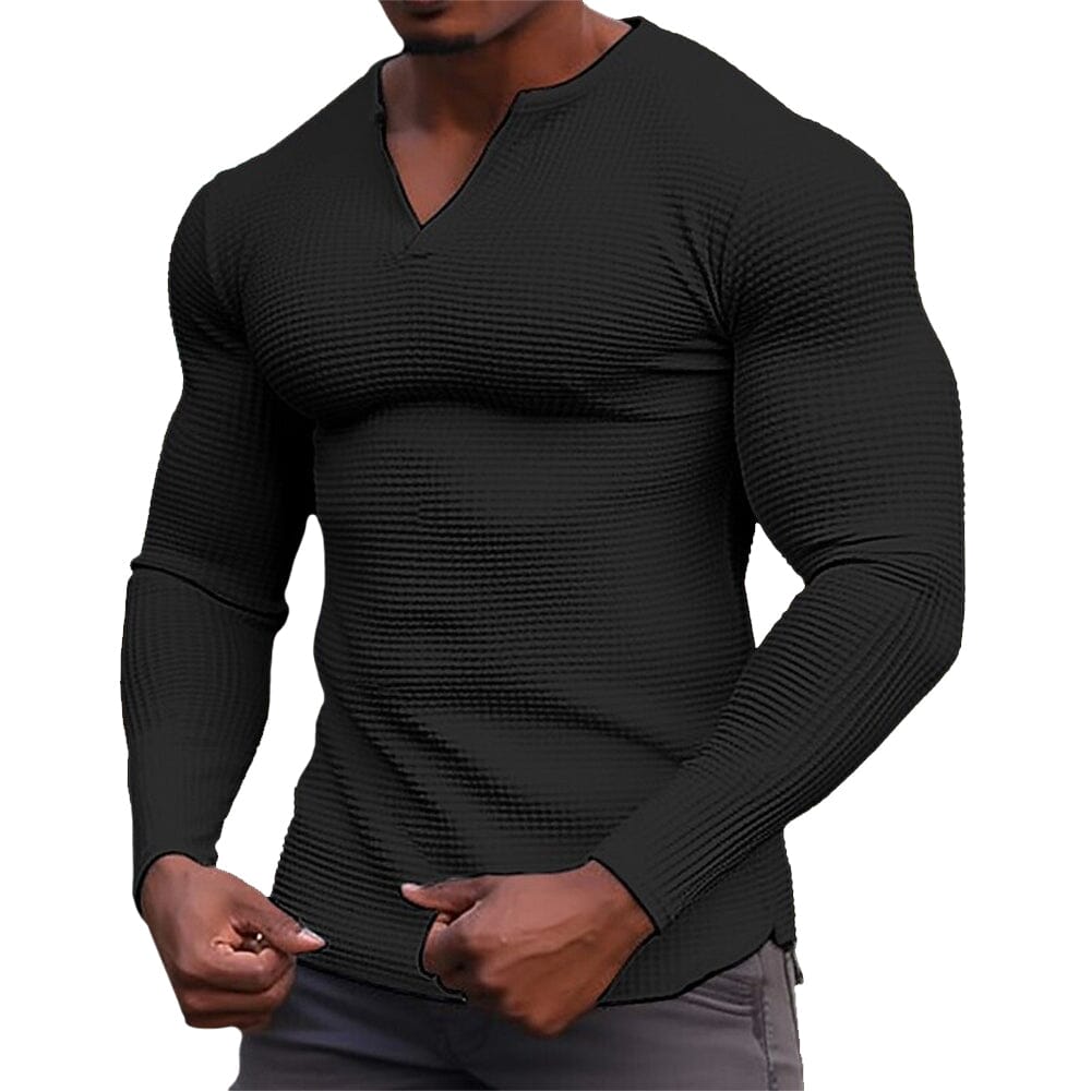 Herren Langarmshirt mit V-Ausschnitt | Muskelshirt Slim Fit mit Rippenstruktur [ Herrenkollektion - Hemden - Langarmhemden ] 20 - Herren Langarmshirt mit V-Ausschnitt Gratti Paris Schwarz S 
