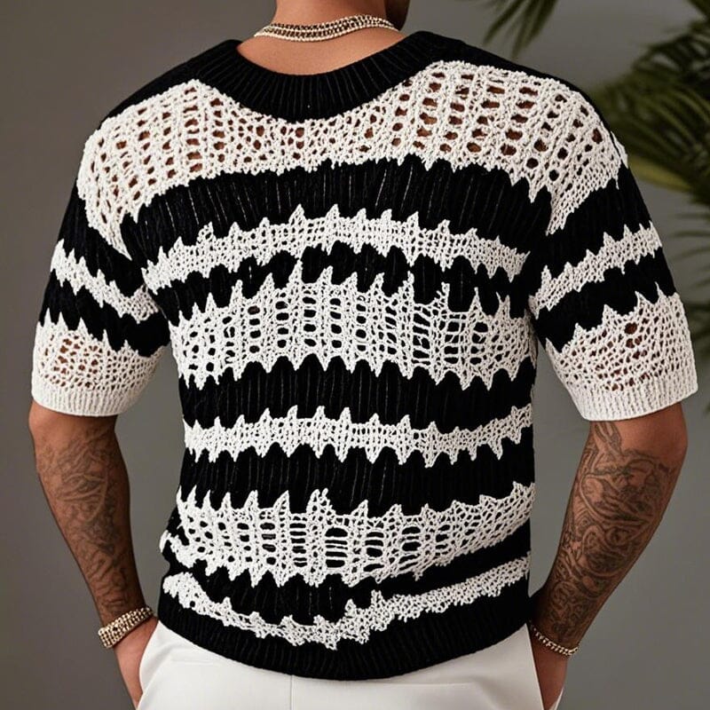Herren Strickshirt V-Ausschnitt | Kurzarm Pullover Schwarz-Weiß [ Herrenkollektion - Frühling & Sommer '25 - Hemden ] 121 - Herren Strickshirt V-Ausschnitt Gratti Paris 