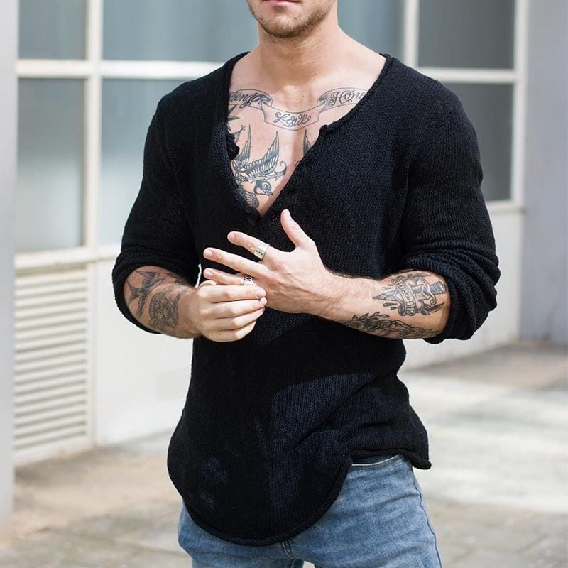 Herren Strickshirt V-Ausschnitt Slim Fit | Lässiger Strickpullover mit Knopfleiste [ Herrenkollektion - Hemden - Langarmhemden ] 63 - Herren Strickshirt V-Ausschnitt Slim Fit Gratti Paris 