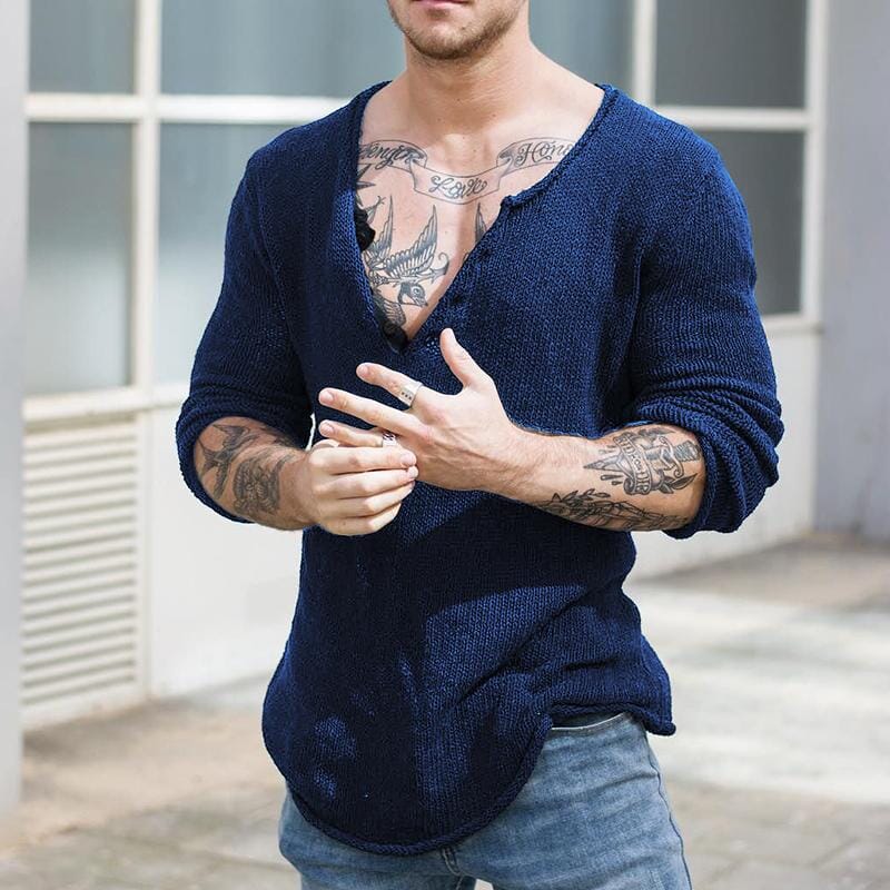 Herren Strickshirt V-Ausschnitt Slim Fit | Lässiger Strickpullover mit Knopfleiste [ Herrenkollektion - Hemden - Langarmhemden ] 63 - Herren Strickshirt V-Ausschnitt Slim Fit Gratti Paris 