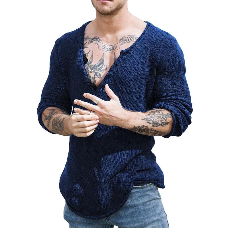 Herren Strickshirt V-Ausschnitt Slim Fit | Lässiger Strickpullover mit Knopfleiste [ Herrenkollektion - Hemden - Langarmhemden ] 63 - Herren Strickshirt V-Ausschnitt Slim Fit Gratti Paris Königsblau M 