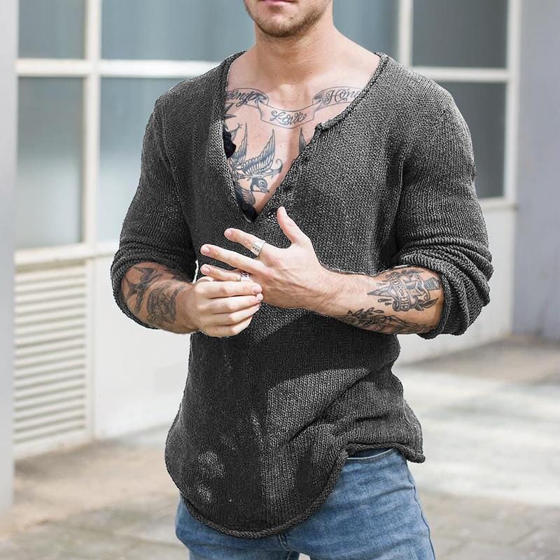 Herren Strickshirt V-Ausschnitt Slim Fit | Lässiger Strickpullover mit Knopfleiste [ Herrenkollektion - Hemden - Langarmhemden ] 63 - Herren Strickshirt V-Ausschnitt Slim Fit Gratti Paris 