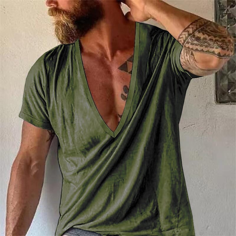 Herren T-Shirt mit tiefem V-Ausschnitt | Lässiges Sommer T-Shirt weiß [ Herrenkollektion - Frühling & Sommer '25 - Hemden ] 102 - Herren T-Shirt mit tiefem V-Ausschnitt Gratti Paris Armeegrün XS 