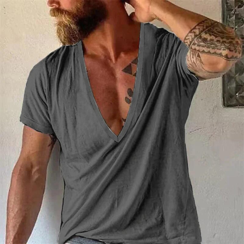 Herren T-Shirt mit tiefem V-Ausschnitt | Lässiges Sommer T-Shirt weiß [ Herrenkollektion - Frühling & Sommer '25 - Hemden ] 102 - Herren T-Shirt mit tiefem V-Ausschnitt Gratti Paris Dunkelgrau XS 