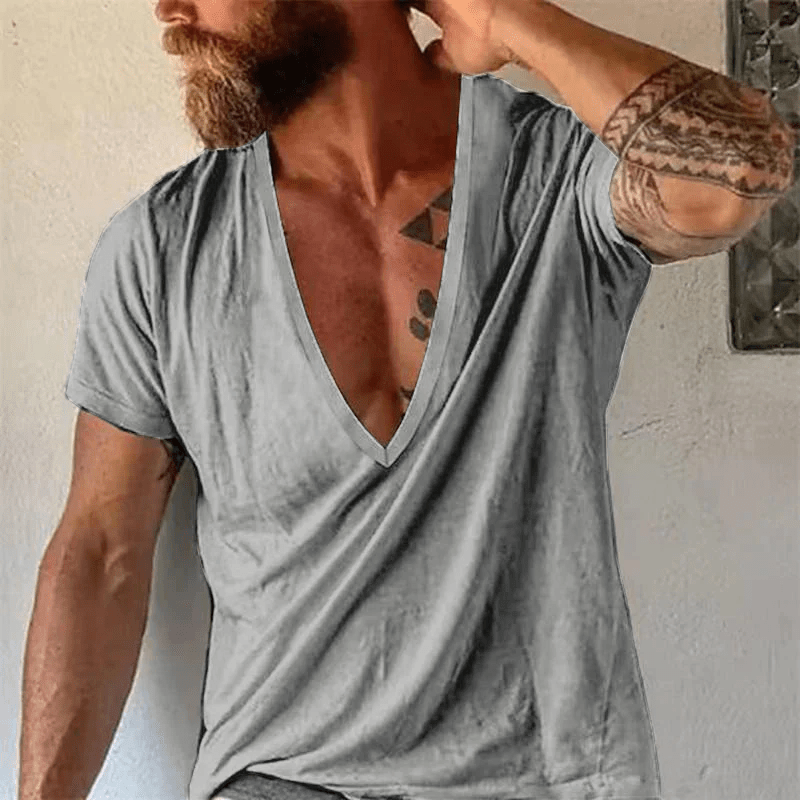 Herren T-Shirt mit tiefem V-Ausschnitt | Lässiges Sommer T-Shirt weiß [ Herrenkollektion - Frühling & Sommer '25 - Hemden ] 102 - Herren T-Shirt mit tiefem V-Ausschnitt Gratti Paris Hellgrau XS 