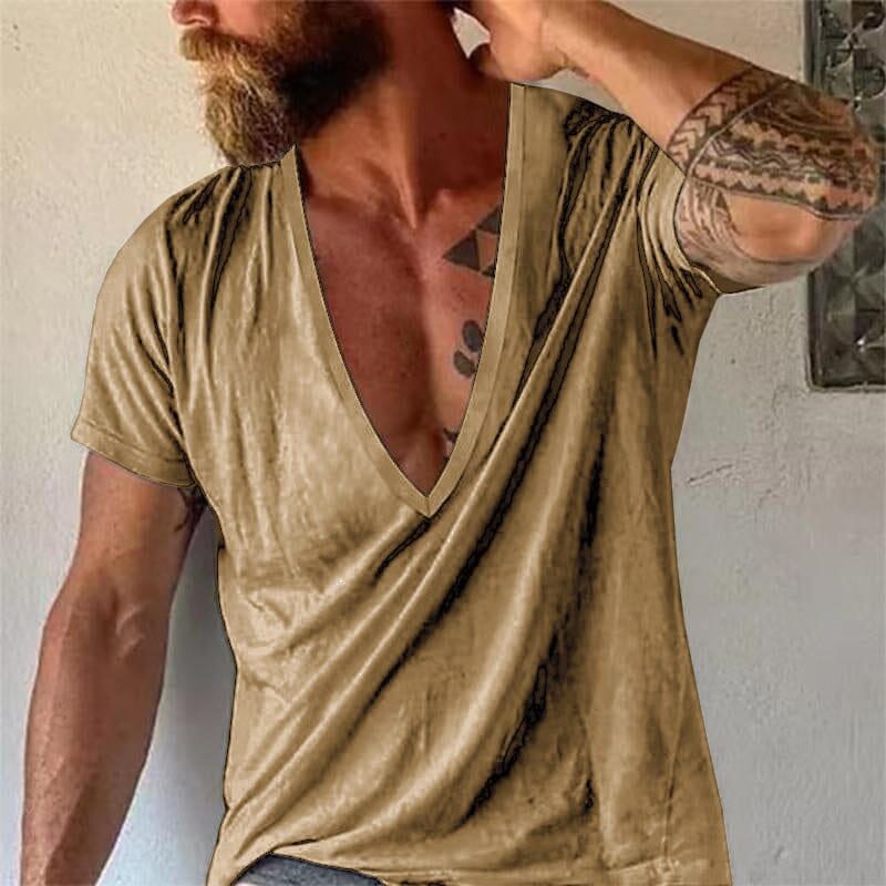 Herren T-Shirt mit tiefem V-Ausschnitt | Lässiges Sommer T-Shirt weiß [ Herrenkollektion - Frühling & Sommer '25 - Hemden ] 102 - Herren T-Shirt mit tiefem V-Ausschnitt Gratti Paris Khaki XS 
