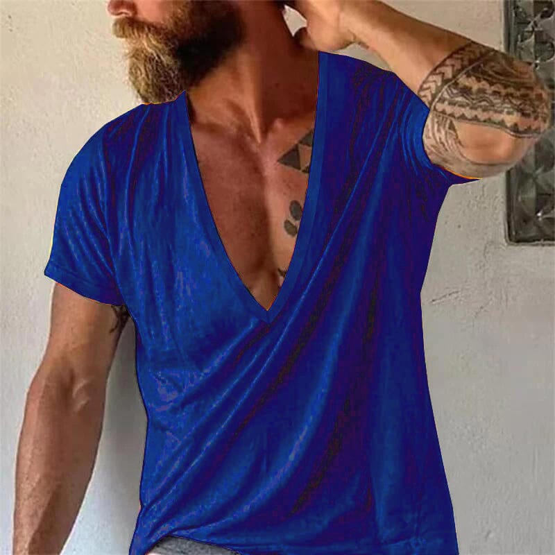 Herren T-Shirt mit tiefem V-Ausschnitt | Lässiges Sommer T-Shirt weiß [ Herrenkollektion - Frühling & Sommer '25 - Hemden ] 102 - Herren T-Shirt mit tiefem V-Ausschnitt Gratti Paris Königsblau XS 