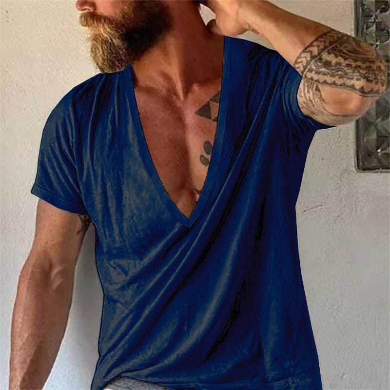 Herren T-Shirt mit tiefem V-Ausschnitt | Lässiges Sommer T-Shirt weiß [ Herrenkollektion - Frühling & Sommer '25 - Hemden ] 102 - Herren T-Shirt mit tiefem V-Ausschnitt Gratti Paris Marineblau XS 