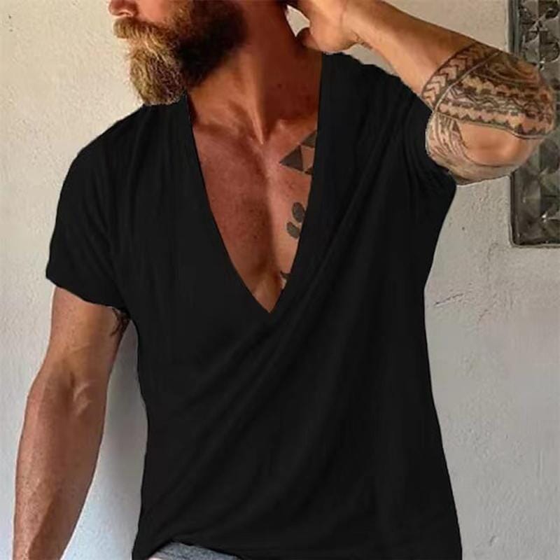 Herren T-Shirt mit tiefem V-Ausschnitt | Lässiges Sommer T-Shirt weiß [ Herrenkollektion - Frühling & Sommer '25 - Hemden ] 102 - Herren T-Shirt mit tiefem V-Ausschnitt Gratti Paris Schwarz XS 