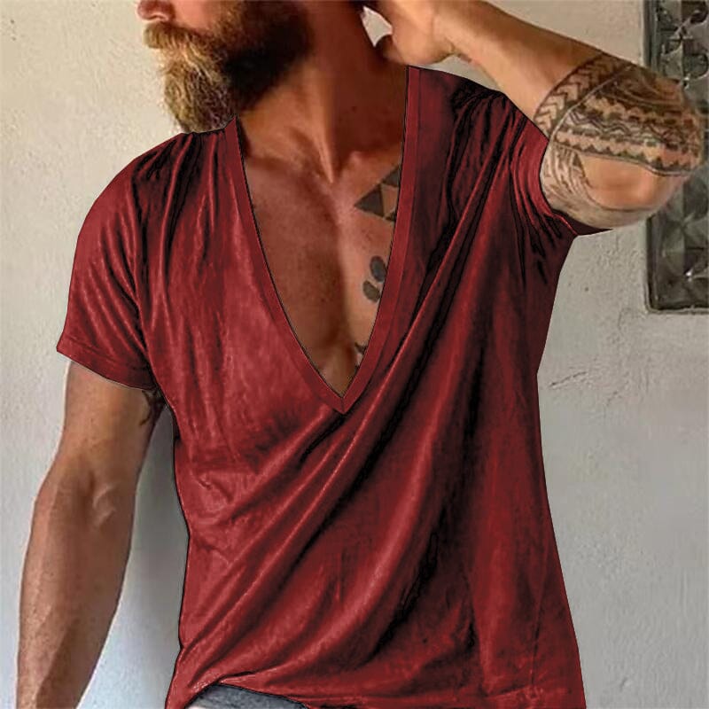 Herren T-Shirt mit tiefem V-Ausschnitt | Lässiges Sommer T-Shirt weiß [ Herrenkollektion - Frühling & Sommer '25 - Hemden ] 102 - Herren T-Shirt mit tiefem V-Ausschnitt Gratti Paris Weinrot XS 