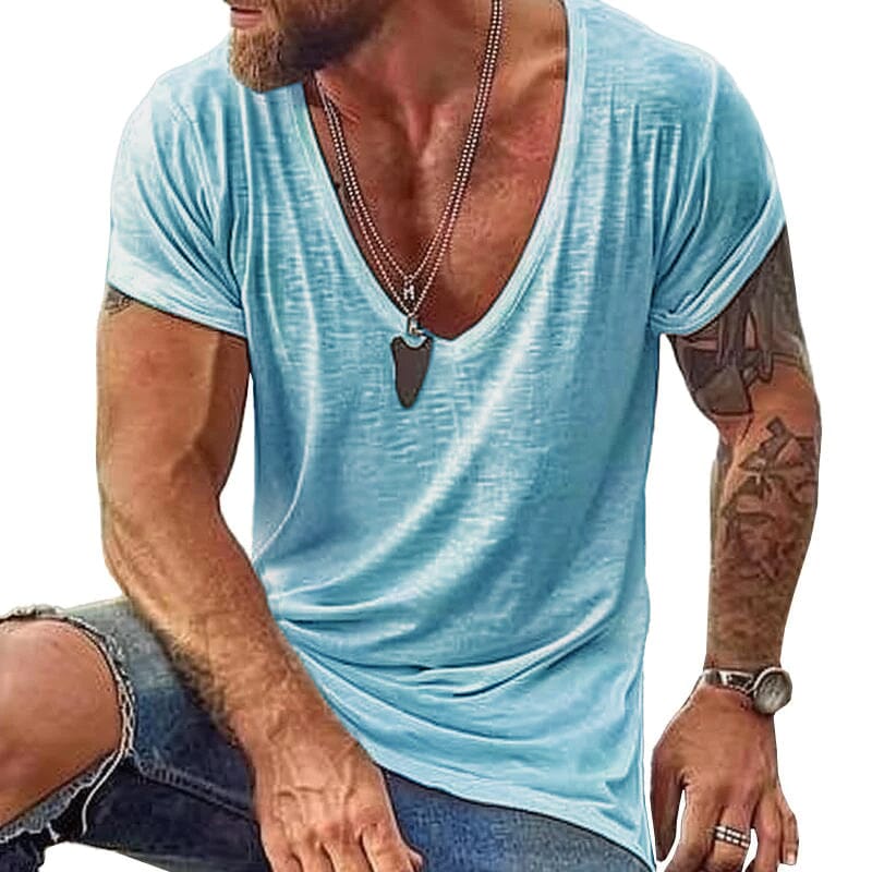 Herren T-Shirt mit tiefem V-Ausschnitt | Lässiges Sommer T-Shirt weiß [ Herrenkollektion - Frühling & Sommer '25 - Hemden ] 109 - Herren T-Shirt mit tiefem V-Ausschnittv Gratti Paris Blau S 