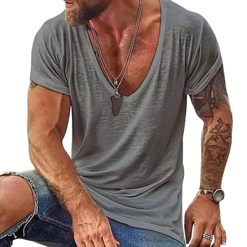 Herren T-Shirt mit tiefem V-Ausschnitt | Lässiges Sommer T-Shirt weiß [ Herrenkollektion - Frühling & Sommer '25 - Hemden ] 109 - Herren T-Shirt mit tiefem V-Ausschnittv Gratti Paris Grau S 