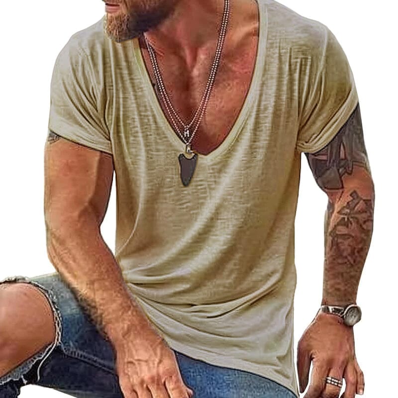Herren T-Shirt mit tiefem V-Ausschnitt | Lässiges Sommer T-Shirt weiß [ Herrenkollektion - Frühling & Sommer '25 - Hemden ] 109 - Herren T-Shirt mit tiefem V-Ausschnittv Gratti Paris Khaki S 