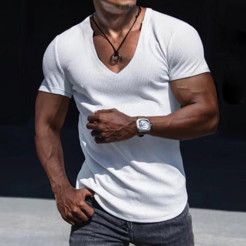 Herren T-Shirt V-Ausschnitt Slim Fit | Eng Anliegendes Freizeitshirt mit Waffelstruktur [ Herrenkollektion - Frühling & Sommer '25 - Hemden ] 299 - Herren T-Shirt V-Ausschnitt Slim Fit Gratti Paris Weiß XS 