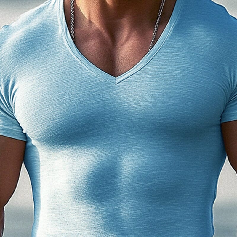 Herren T-Shirt V-Ausschnitt Slim Fit | Muskelshirt kurzarm melange hellblau [ Herrenkollektion - Frühling & Sommer '25 - Hemden ] 131 - Herren T-Shirt V-Ausschnitt Slim Fit Gratti Paris 
