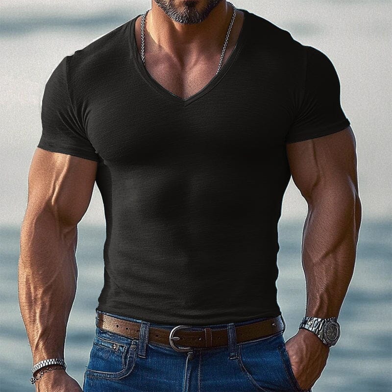 Herren T-Shirt V-Ausschnitt Slim Fit | Muskelshirt kurzarm melange hellblau [ Herrenkollektion - Frühling & Sommer '25 - Hemden ] 131 - Herren T-Shirt V-Ausschnitt Slim Fit Gratti Paris Schwarz S 