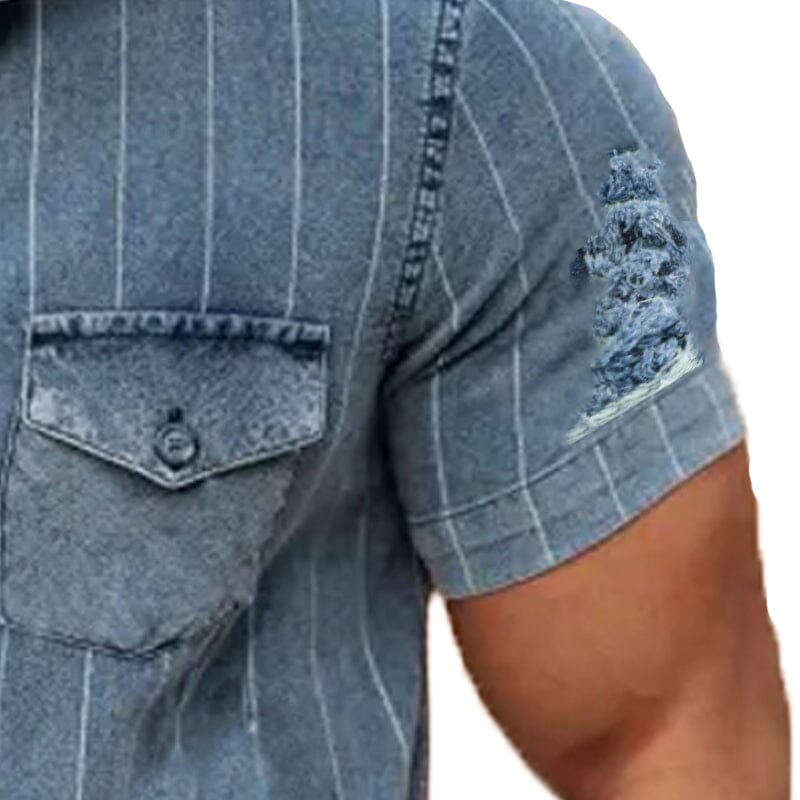 Herren Vintage Jeanshemd kurzarm | Used-Look Hemd gestreift zerrissen [ Herrenkollektion - Frühling & Sommer '25 - Hemden ] 92 - Herren Vintage Jeanshemd kurzarm Gratti Paris 