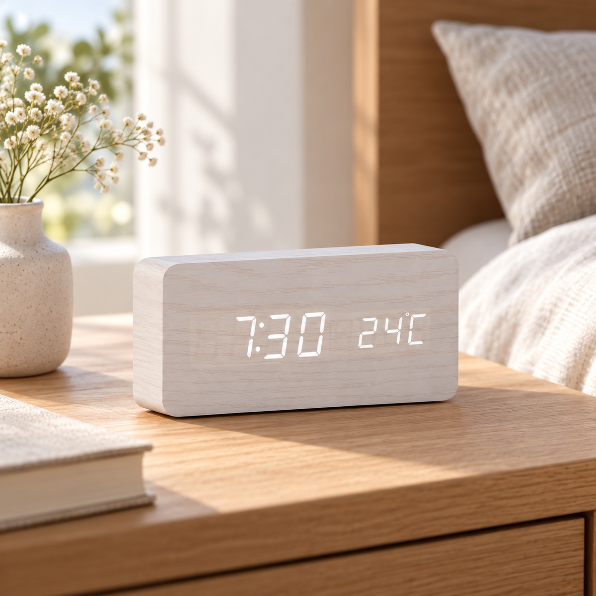 Digitalwecker Morgenholz — Weißbalkenförmig